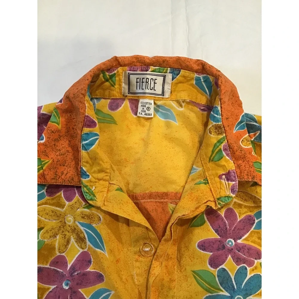 Fierce Vintage Mens Floral Hawaiian Shirt Mustard Orange Cotton Short Sleeve M - Picture 2 of 3